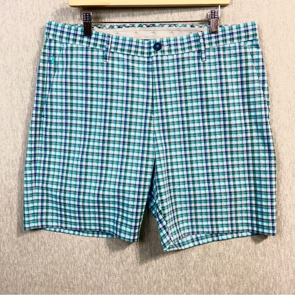 Tommy Bahama Plaid Shorts Men’s 36 Green Blue Flat Front Recycled Polyester